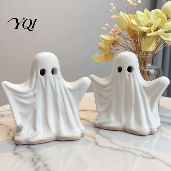 Ghost Shaped Home Decor Halloween Figurine, Spooky Cute Statue, Retro White Party Supplies Ornament for Tabletop Fireplace Decorations Hollow