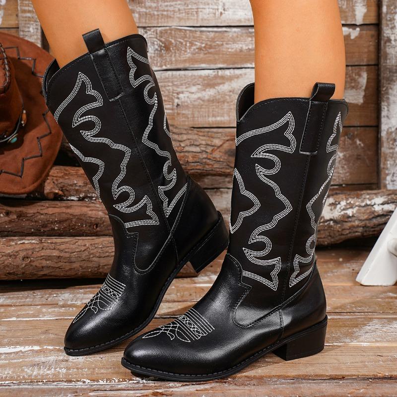 New European‑American Embroidered Women's Leather Boots, Pull‑On Mid‑Calf Chelsea & Knight Boots With Mid‑Heel