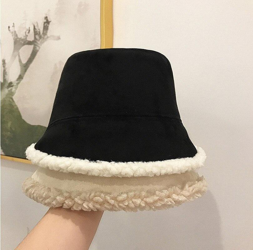 Double-sided Suede Lamb Wool Plush Warm Basin Hat Female Winter Solid Colr Balck Bucket Hat Women