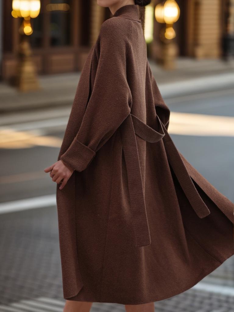 Women's 2024 Autumn/Winter Casual Long Knitted Cardigan Sweater Coat with Lace-Up Design