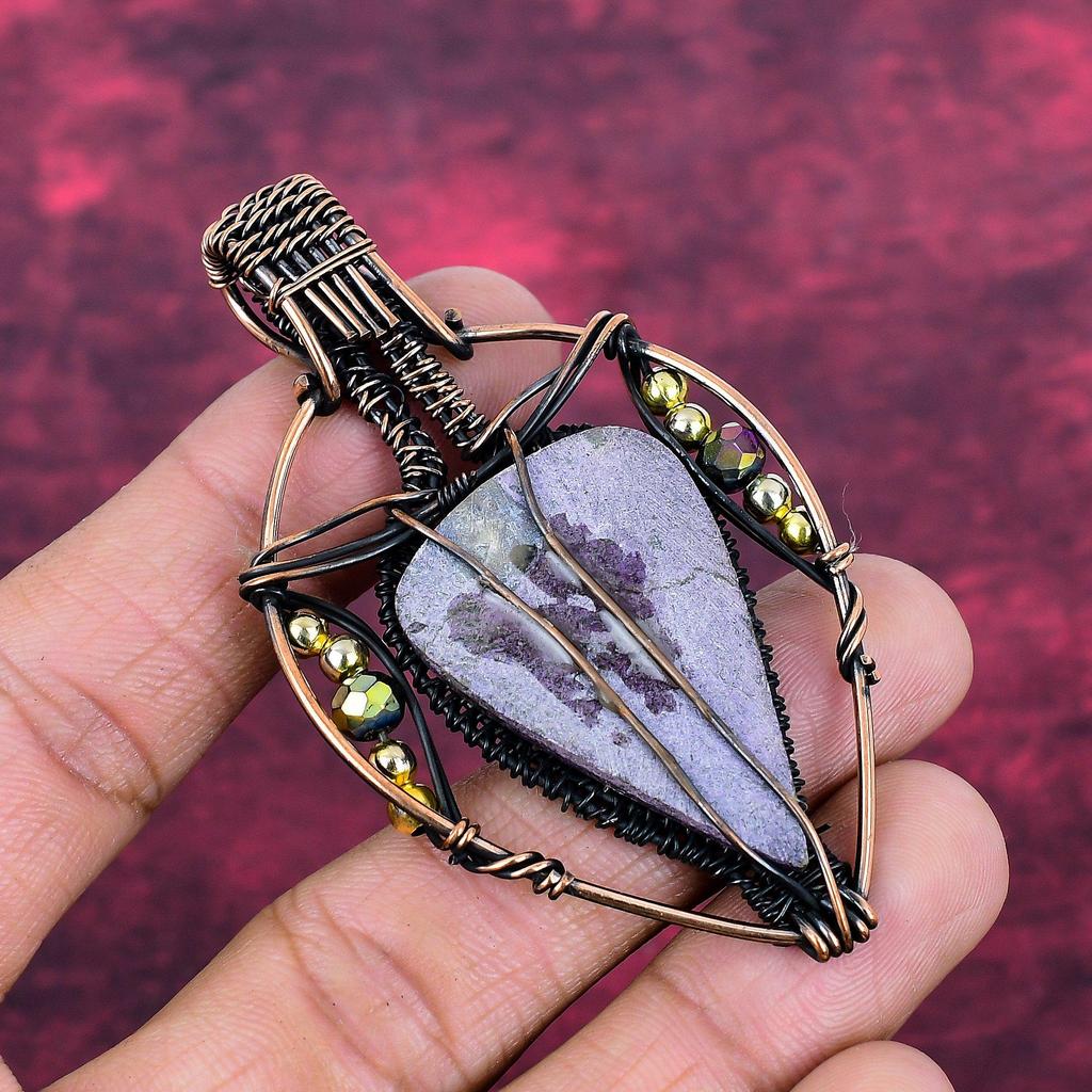 Purpurite Gemstone Pendant Copper Wire Wrapped Pendant Handmade Antique Jewelry