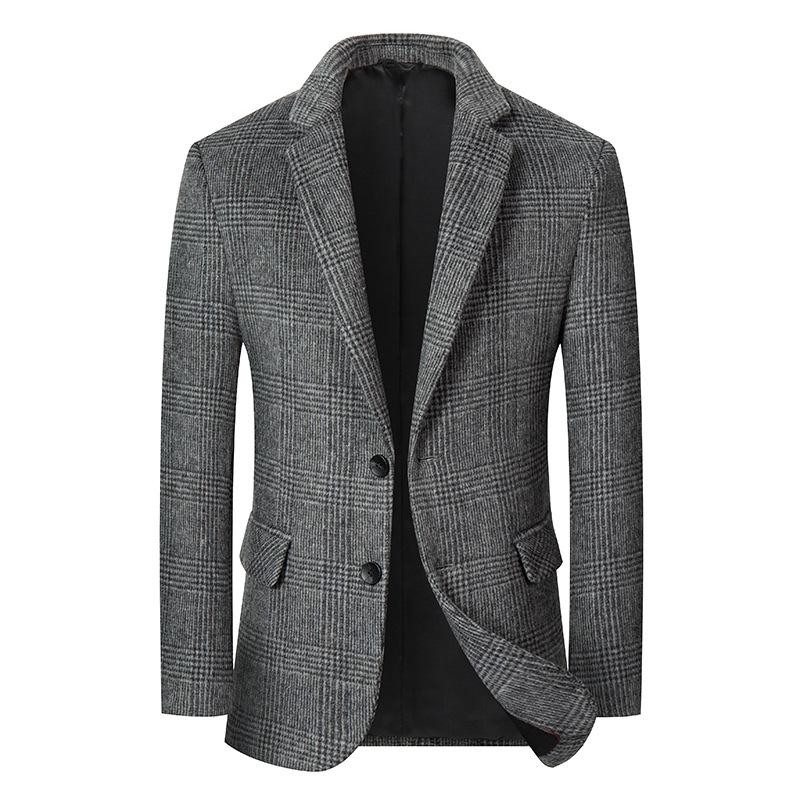 Autumn Winter Men's Plaid Wool Blend Slim Fit Suit Jacket - Business Casual Coats