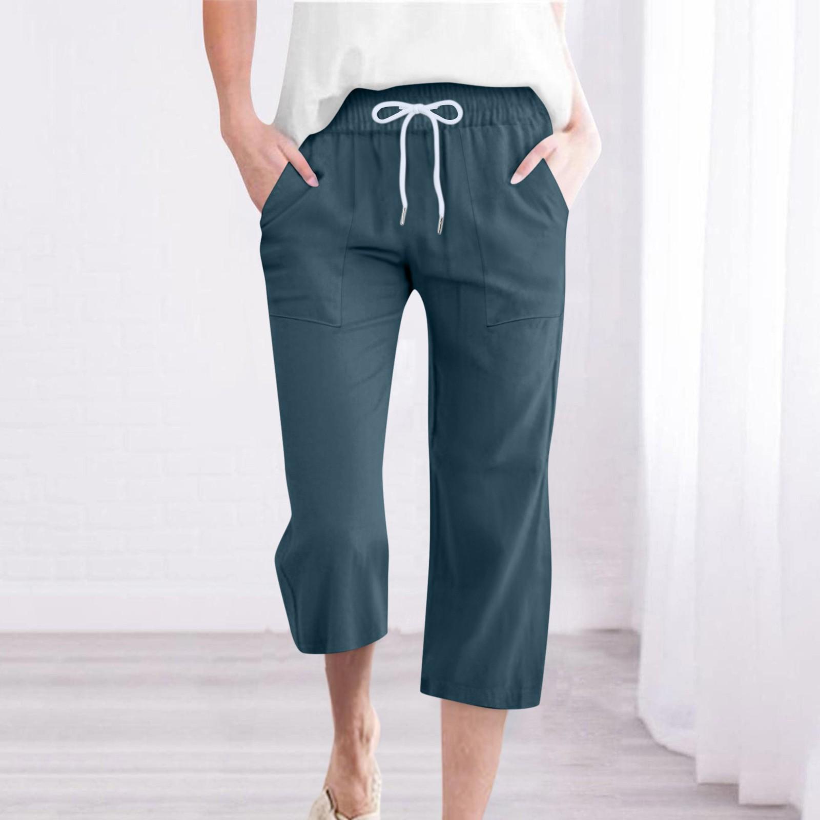 

Брюки для женщин, повседневные летние свободные брюки из хлопка и льна с принтом, брюки до середины штанин с карманами S тёмно-синий