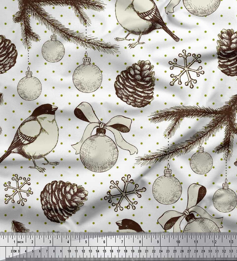 

Soimoi Japan Crepe Satin Fabric Robin, Pinecone & Baubles Christmas Print Тканина на метри 42 дюйма 42 Inch Wide - Poly Crepe білий