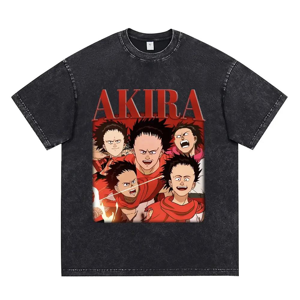 Anime Akira Vintage Washed T Shirt 90s Science Fiction Movie Shotaro Kaneda Short Sleeve T Shirts Cotton Casual Loose Tshirts