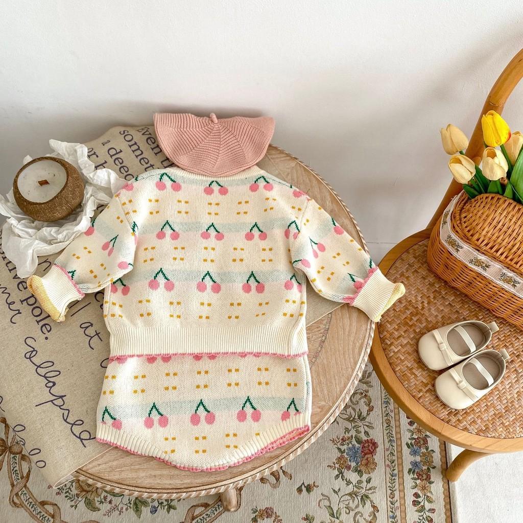 Adorable Cherry Pattern Knitted Baby Girl Jacket And Romper Set For Autumn 2023