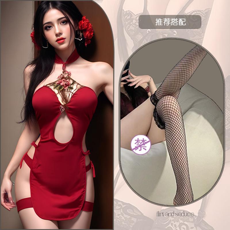Sex underwear hollow embroidery uniform sexy retro sex cheongsam Republic of China style split cheongsam women's underwear