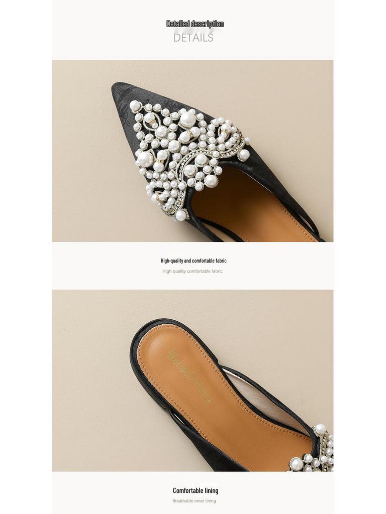 Weiwei Girl Pearl Rhinestone Slip-on Closed Toe Sandals - Women's Chinese Style Flat Heel Half Slippers for Summer