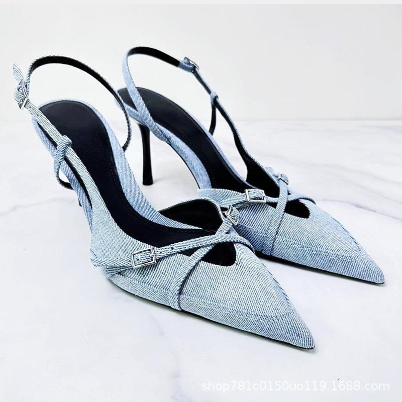 Fashion 2025 Spring and Summer New Denim Light Mouth Strap Hollow Bag Head Sexy Stiletto Fashion Sandals Muller Shoes