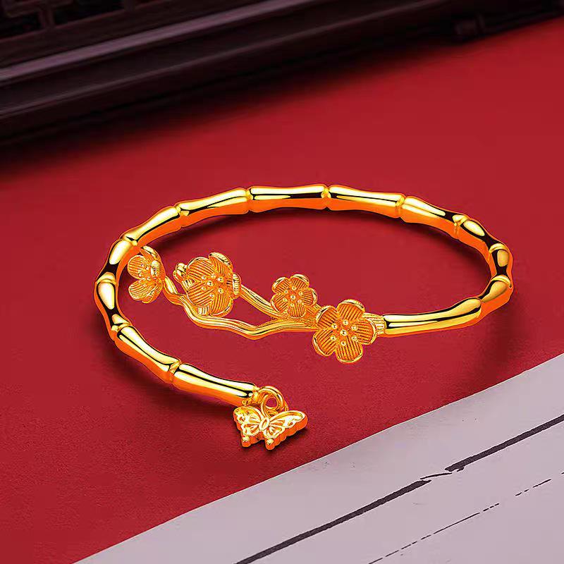 Открывающийся женский браслет с имитацией вьетнамского песочного золота, цветами сливы и бабочками