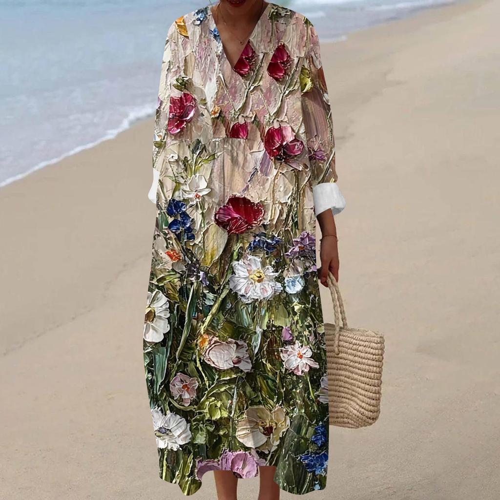 Dámské ležérní módní maxi šaty s výstřihem do V a dlouhým rukávem s květinovým potiskem