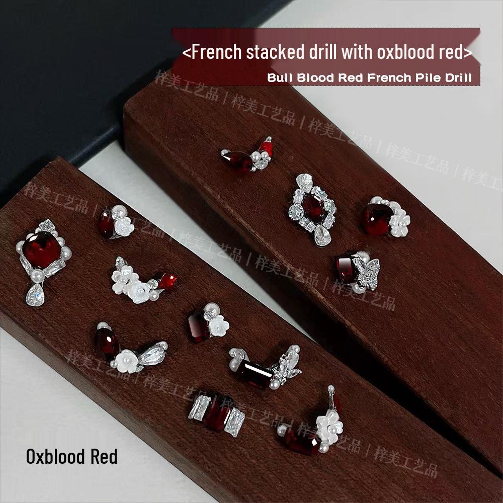 Nail Art Blood Red French Rhinestone Sparkle Camellia Decoration