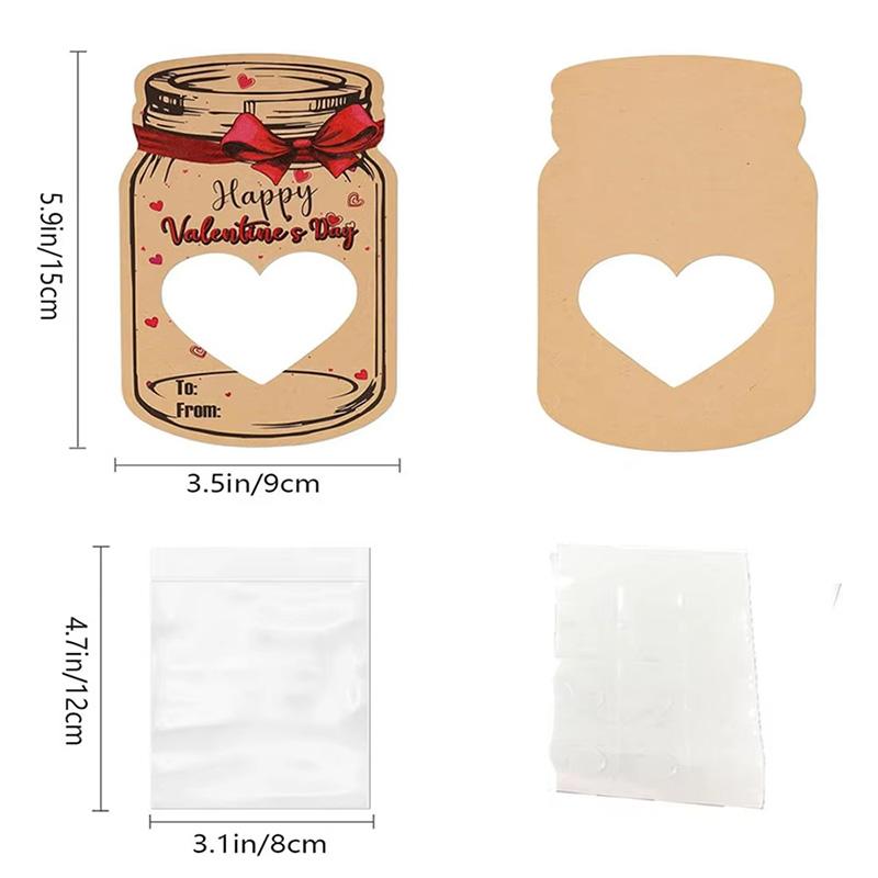 24Pcs Kraft Candy Jar Valentines Day Cards Set Clear Sealed Bags Valentine Exchange Cards for Party Favors(Candy Not Included)
