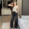 Spring Summer Black Gray Rhinestone Relaxed Straight Wide Leg Denim Pants For Ladies Casual Pants Oversize Denim Trousers