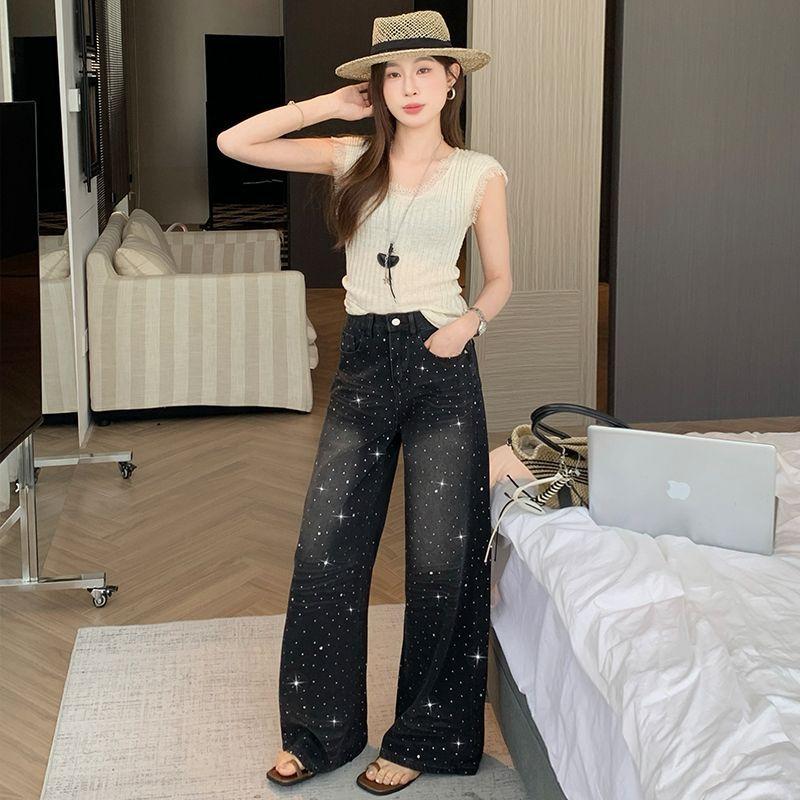 Spring Summer Black Gray Rhinestone Relaxed Straight Wide Leg Denim Pants For Ladies Casual Pants Oversize Denim Trousers