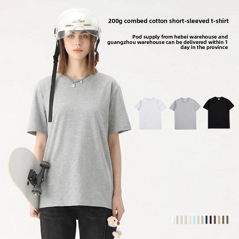 New 200g short-sleeve combed cotton solid color t-shirt, versatile summer women's outerwear and inner layer, round-neck tee for students