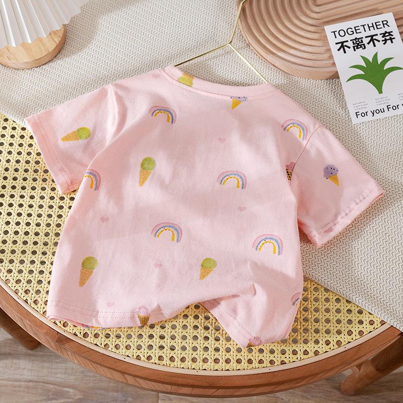 2024 Rainbow Print T-Shirt: Baby Girl's Cotton Short-Sleeve Summer Top