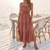 2026 Spring/Summer New European and American Cross-border Amazon Strap Layered Dress Slim-Fit Waist-Cinching Solid Color Women's Long Dress