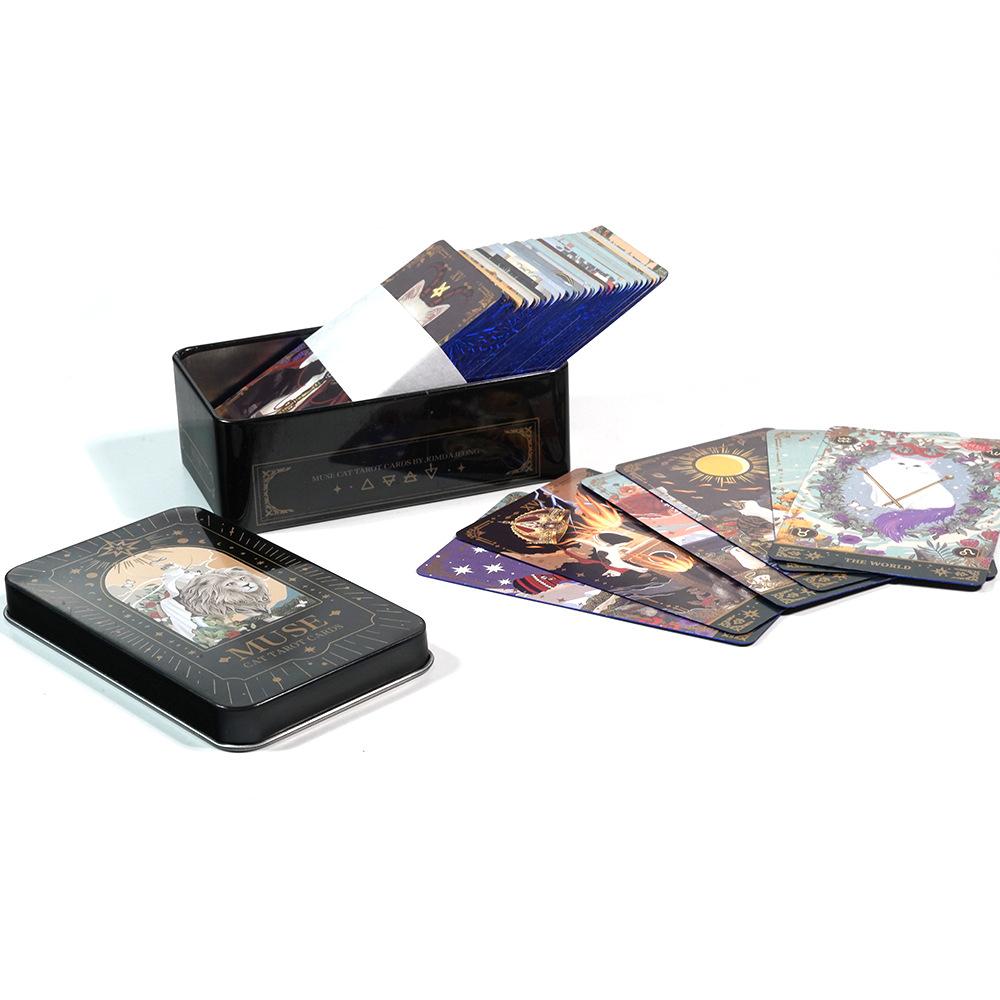 Muse Cat Tarot Deck In A Tin Box with Blue Gilded Edges 78 Pcs Cartoon Themed Tarot Cards 10.3*6cm with Guidebook for Beginners