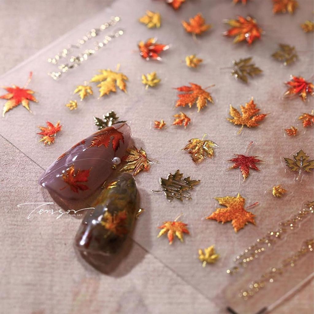 Maple Leaf Nail Stickers 5D Embossed Nail Decals Fall Design Nail Supplies Gold Leaf Stickers for Women Nails Decorations Thanksgiving Day Nails