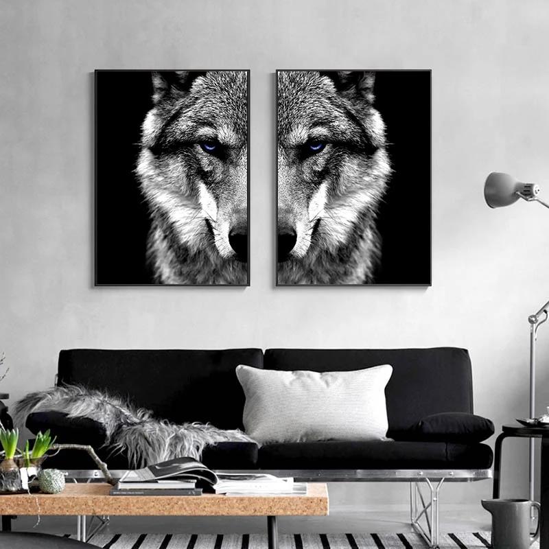 Wall Art Picture Wolf Head Animal Poster Nordic Style Black White Canvas Print Painting Scandinavian Modern Home Room Decoration