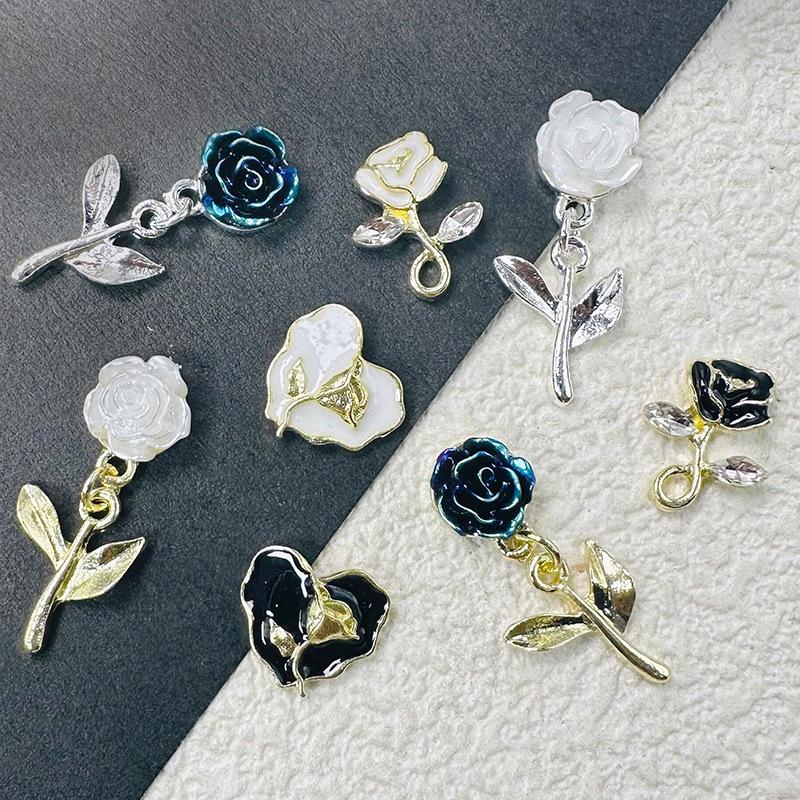 Trending Nail Art Alloy Camellia Pendant: Drip Oil Love, Black & White Rose, Color Edge Flower, Tassel Nail Diamond.