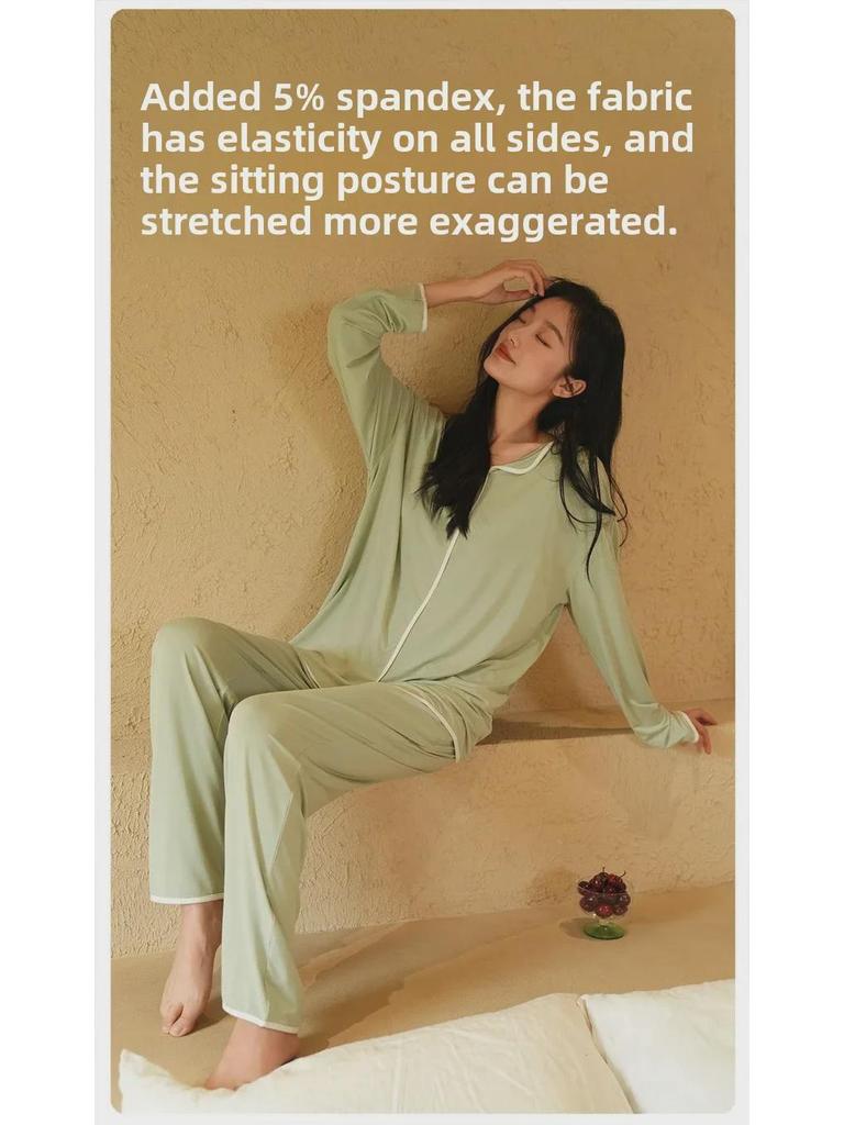 Women's High-End Modal Pajama Set: Long-Sleeved Top, Trousers, Chest Pads - Ideal for Autumn and Winter