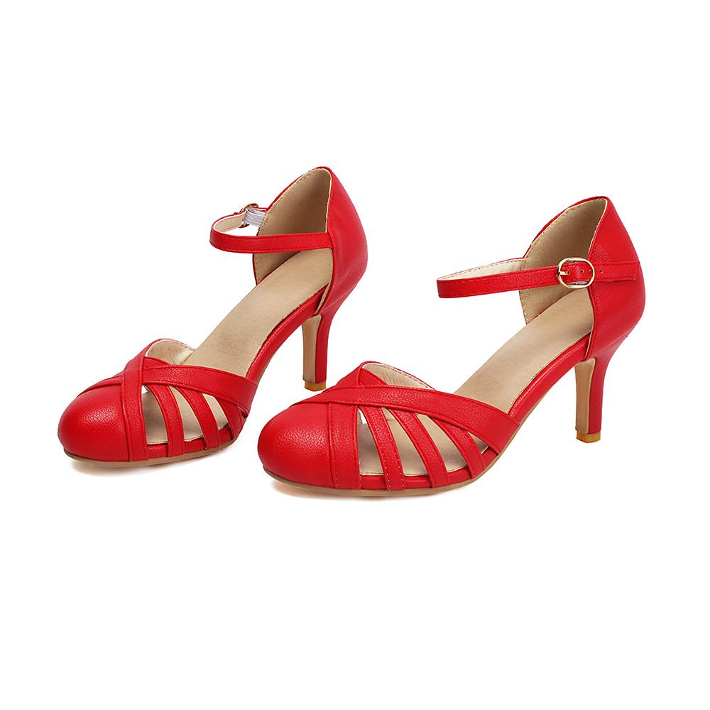 

White Red Women Sandals Round Toe Ankle Strap High Stiletto Heel Large Plus Size 48 40 червоний