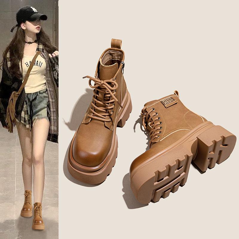 Thick-soled Leather Martin Boots Women's British Style 2025 New Small Height-increasing Brown Short Boots Autumn and Winter All-match Boots