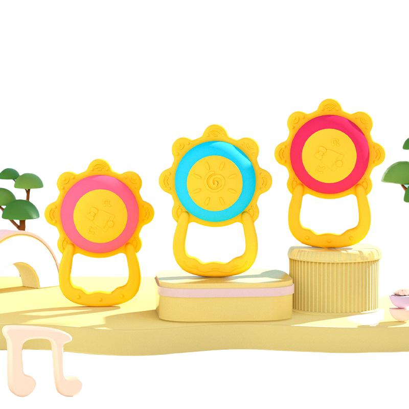 Tambourine Airbag Mother Baby Teether Teething Stick with Rattle Light up Hand Grip Silicone Food Grade зелёный