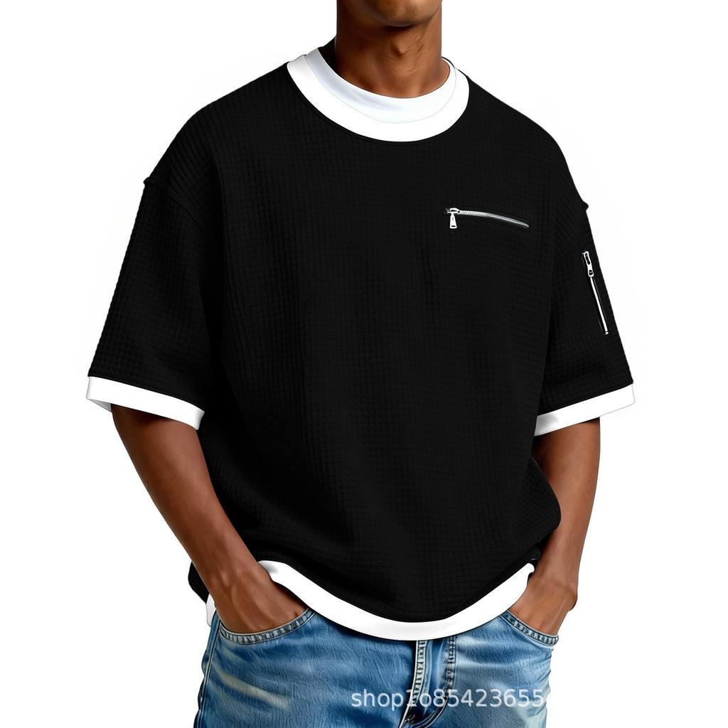Simple Waffle-patterned Faux Two-piece Casual Short-sleeve T-shirt, Solid Color, New Men's Fashion, Color-blocking Top