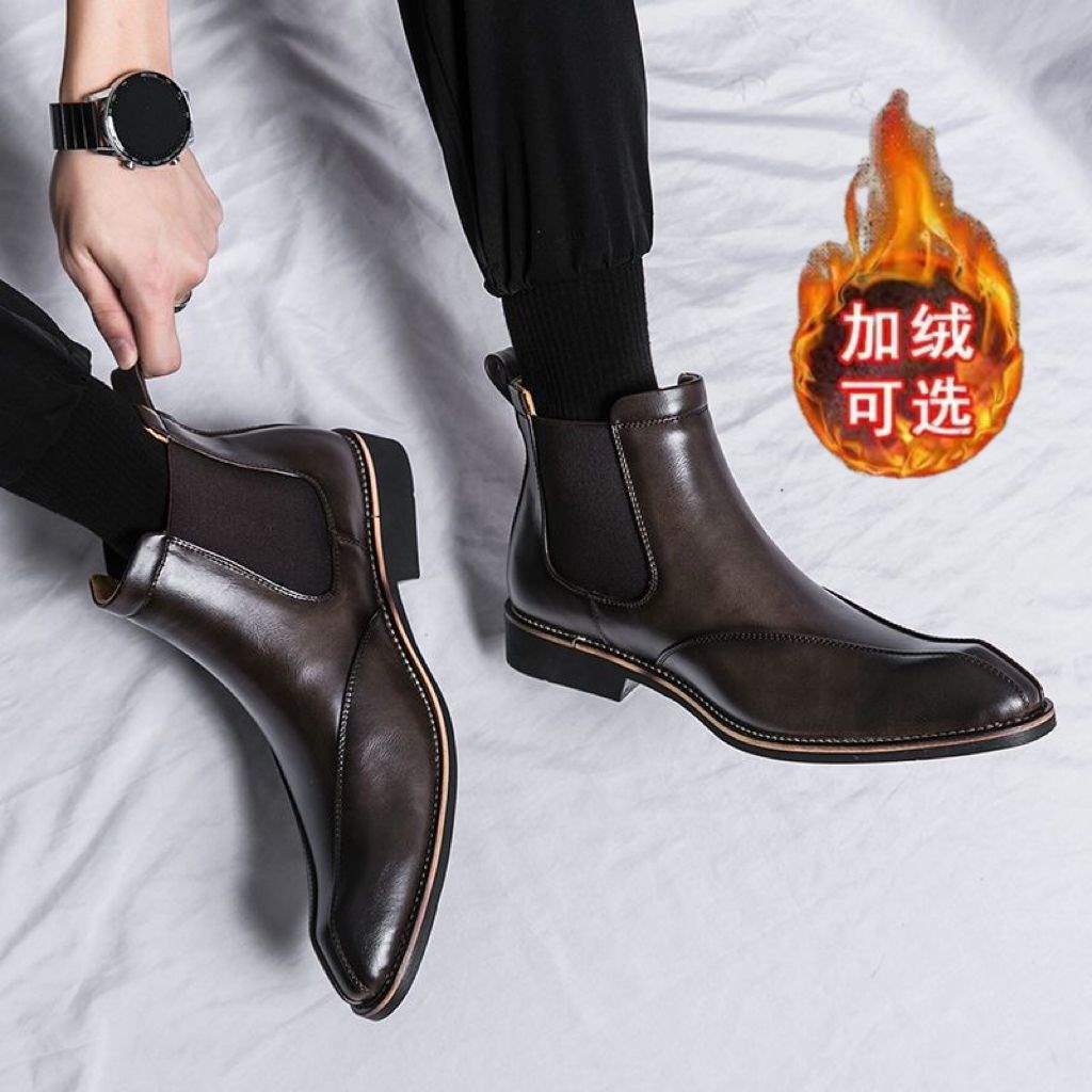 Korean Version of Chelsea Men's Boots Men's High-top Leather Shoes Pointed Men's Boots British Heightening Martin Boots Breathable Short Boots