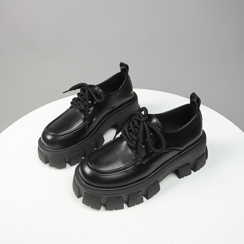 Height-increasing Loafers 2025 New Platform Muffin Shoes Women's Autumn British Style Patent Leather Small Leather Shoes Round Head Lace-up Single Sho