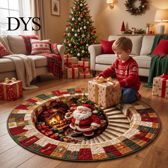 Dekorativer Weihnachtsgeschenk-Weihnachtsmann 3D Runder Teppich, Kristall-Samt-Fußmatte für Wohnzimmer Schlafzimmer Ferienhausdekoration, Rutschfest