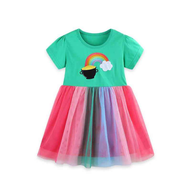 European Style Rainbow Embroidery Princess Dress for Kids - Knitted Cotton Mesh Skirt 110cm/4 Years