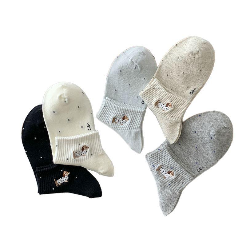 Women's Spring and Summer Thin Versatile Preppy Cute Polka Dot Embroidered Cotton Breathable Short Tube Socks