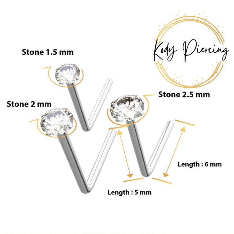 KODY PIERCING 9K Weißgold Set bestehend aus 3 L-Stäben und 1,5 mm, 2 mm und 2,5 mm Zirkonen