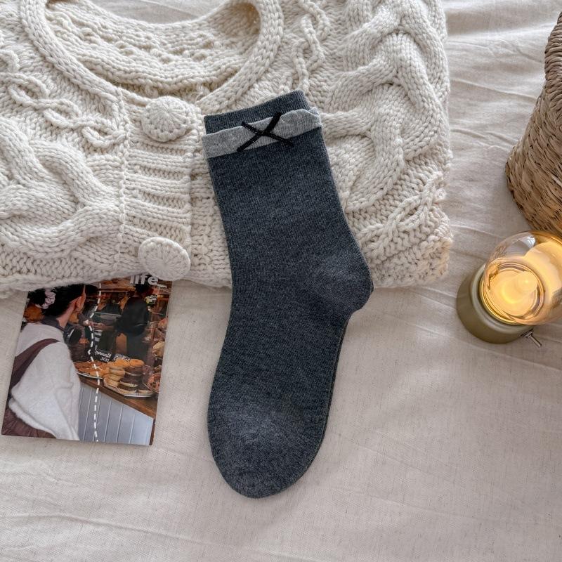 Sweet Lace Bow, Cute and Simple Stacked Socks, Small Fragrance Plain-colored Socks, Mid-calf Socks, Children's Socks
