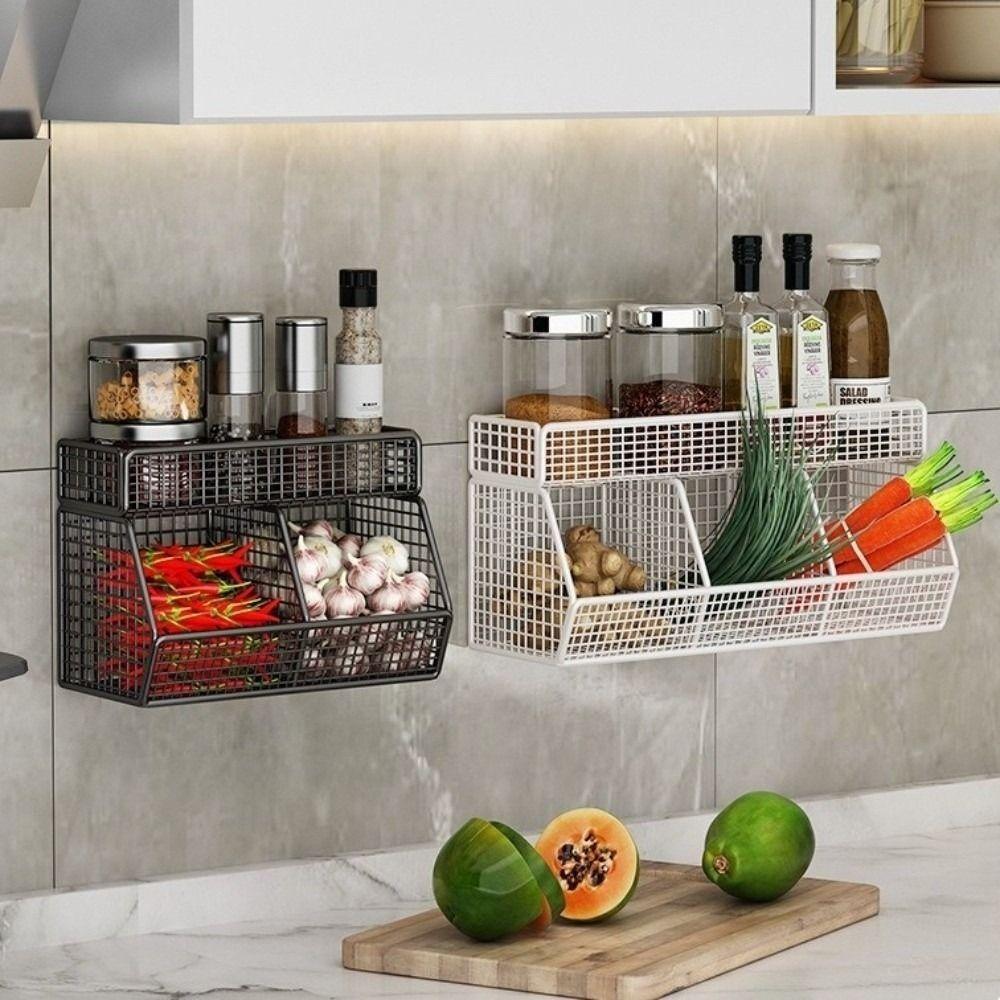 Wall Mounted Kitchen Storage Rack Double Layer Onion Storage Wire Basket  for Garlic