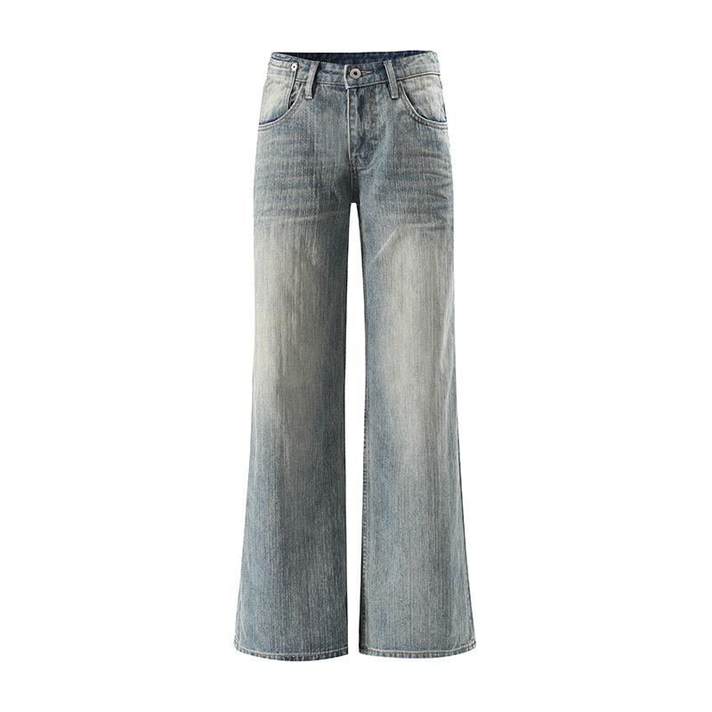 Retro Washed Blue 3D Cat Whisker Pleated Mid-Low Waist Casual Denim Pants for Women L