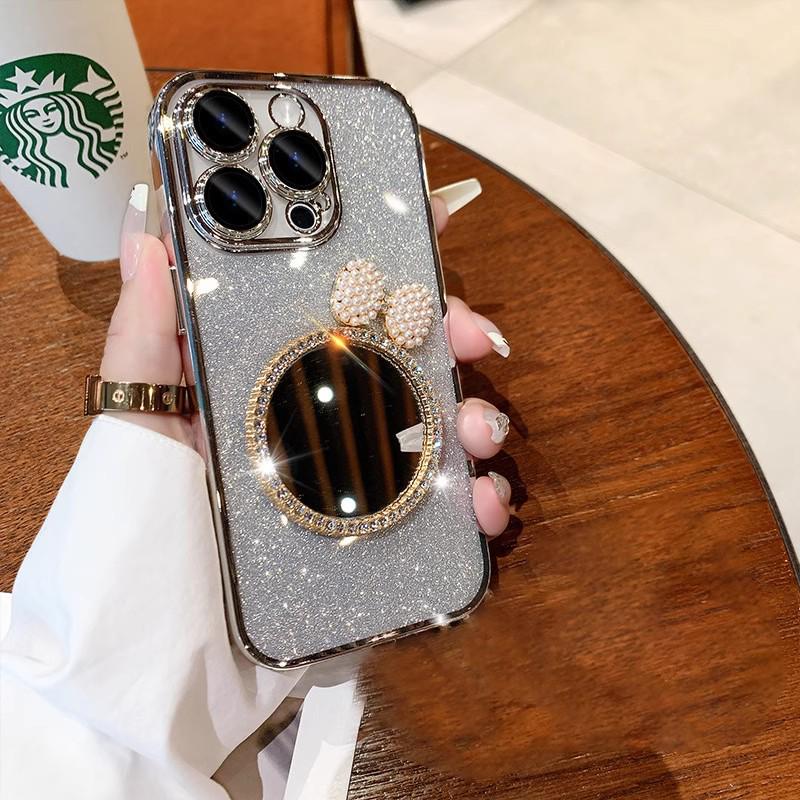 Apple 17 Glitter Diamond Mirror Phone Case with Pearl Bracelet for iPhone 16 Pro Max