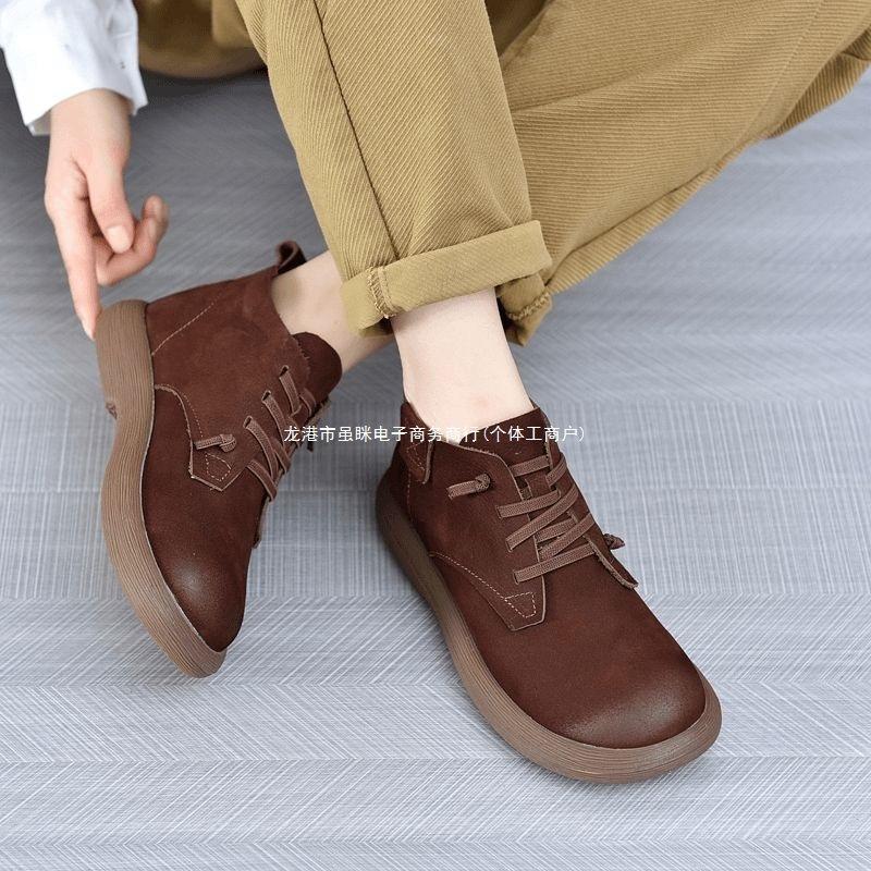 2025 Autumn New Soft Leather Short Boots Women's Mori Handmade Soft Bottom Soft Surface Middle Help Breathable Versatile Martin Boots