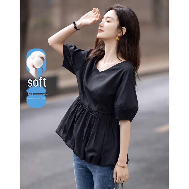 De Mana Women s French V-Neck Pleated Cotton Blouse XL