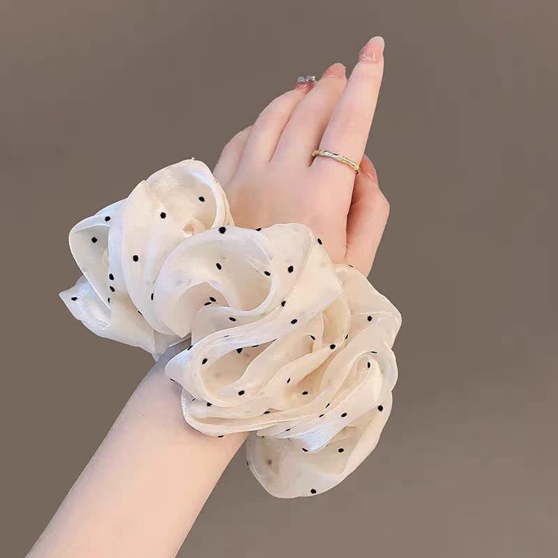 Korean-Style Gentle Solid Colour Pearl Mesh Polka Dot French Hair Tie For Women Elegant Large Scrunchie Hair Accessory