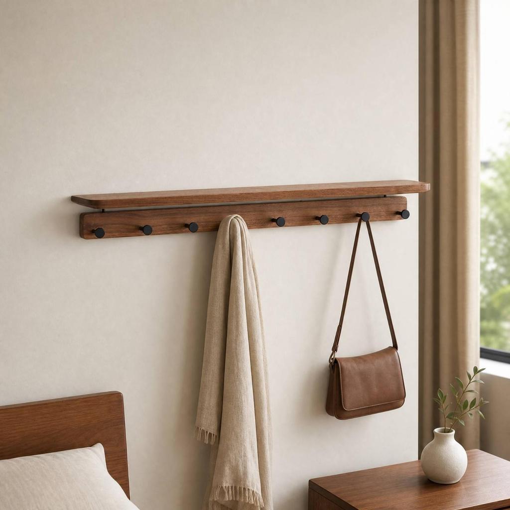 Black Walnut Wall-Mounted Coat Rack Natural Finish for Hallway, Small Apartments