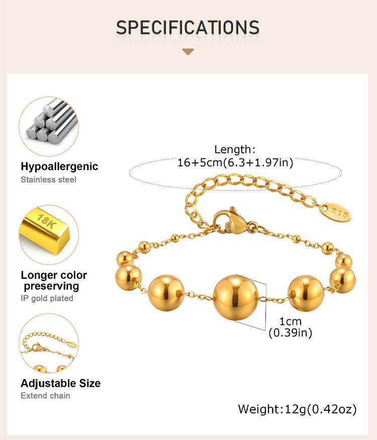 Stainless Steel Round Ball Beads Chain Bracelet for Women, 18K PVD Gold Plated Statement Waterproof Hand Wrist Jewelry