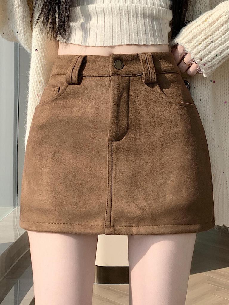 Retro Coffee Suede A-line Mini Skort for Women - Autumn/Winter High Waist Slimming Design