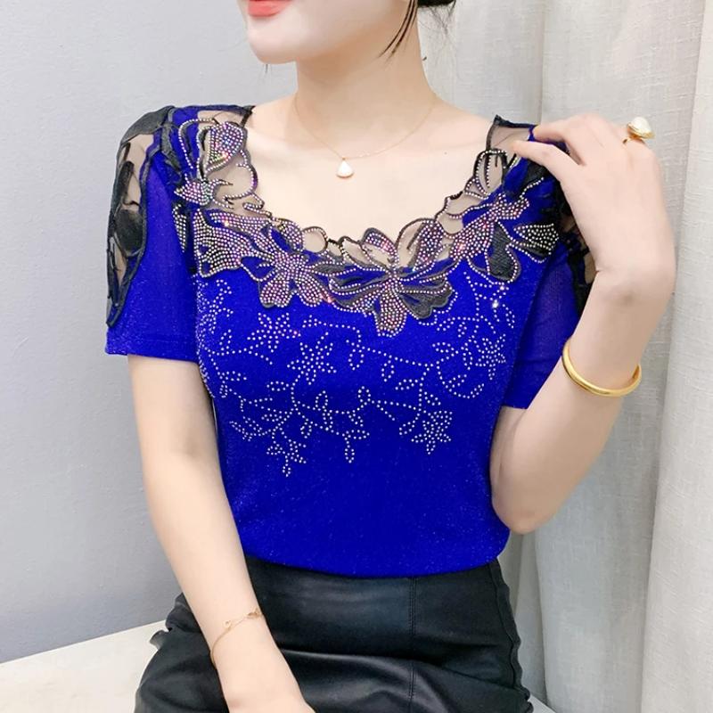 Summer Women T-Shirt Chic Sexy Lace Hollow Embroidery Flower Patchwork Mesh Tops Elegant O-Neck Diamonds Short Sleeve Tees