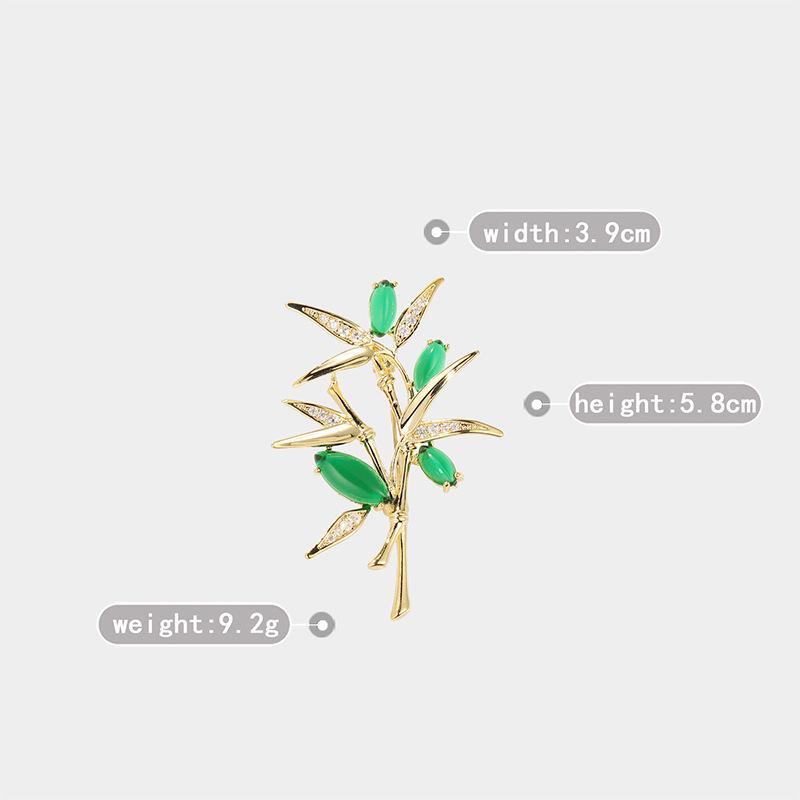 Bo Xin Yun Elegant Bamboo Brooch with Zircon Green Chalcedony - High-end Chinese Style Corsage Pin Accessory.