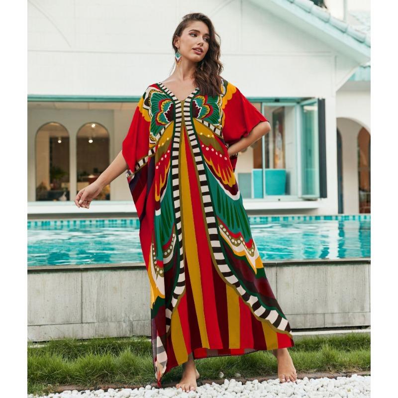 Summer Women's Dress Plus Size Printed Beach Cover-up Loose Holiday Sunscreen Bikini Cover-ups